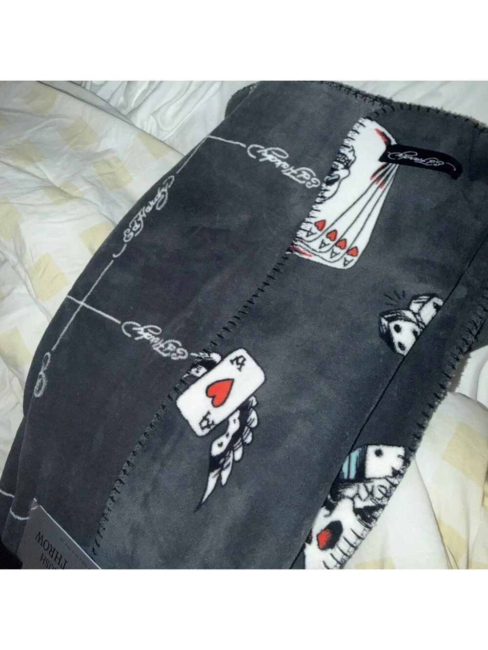 Ed Hardy Reversible Plush Oversized Throw Blanket 60x70 Dark Gray dice PrintNWT